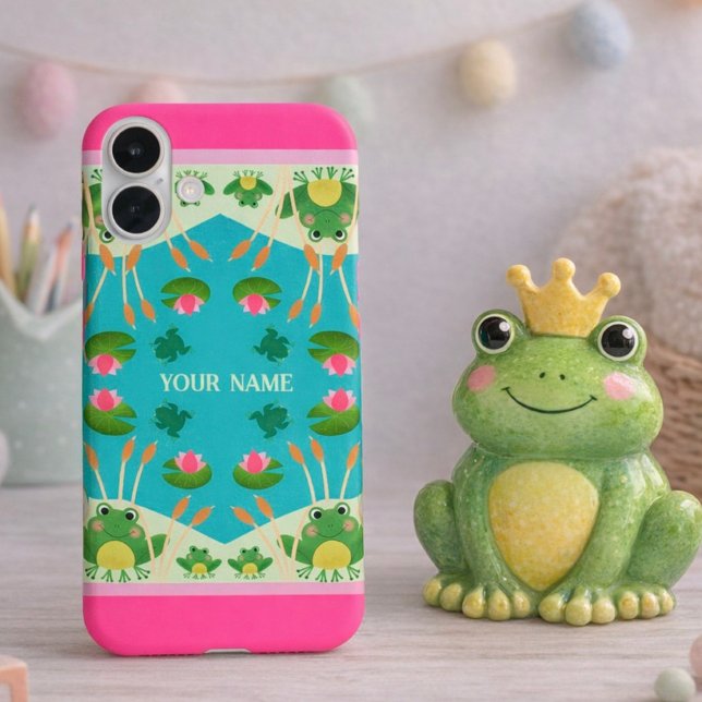 Funda iPhone 16 Plus Fun Frog Pattern Pink Green Custom Name (Subido por el creador)