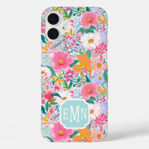 Funda iPhone 16 Plus Funda-Mantel Floral Colorido Moderno con Monograma
