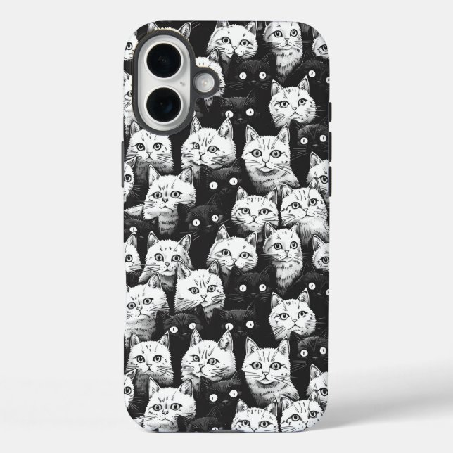Funda iPhone 16 Plus Gato artístico monocromático (Reverso )