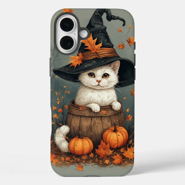 Funda iPhone 16 Plus Gato blanco de Halloween (Reverso )