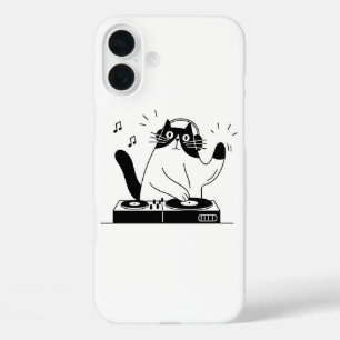 Funda iPhone 16 Plus Gato Esmoquin DJ Tocando Música Electrónica Fiesta
