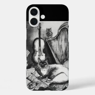 Funda iPhone 16 Plus GATO MUSICAL, OWL,VIOLIN,HARP Black White Gray Mus