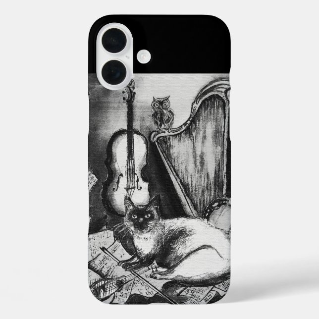 Funda iPhone 16 Plus GATO MUSICAL, OWL,VIOLIN,HARP Black White Gray Mus (Reverso )