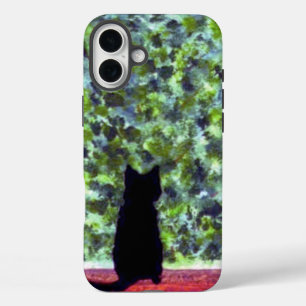 Funda iPhone 16 Plus Gato negro en el jardín, arte Mascota