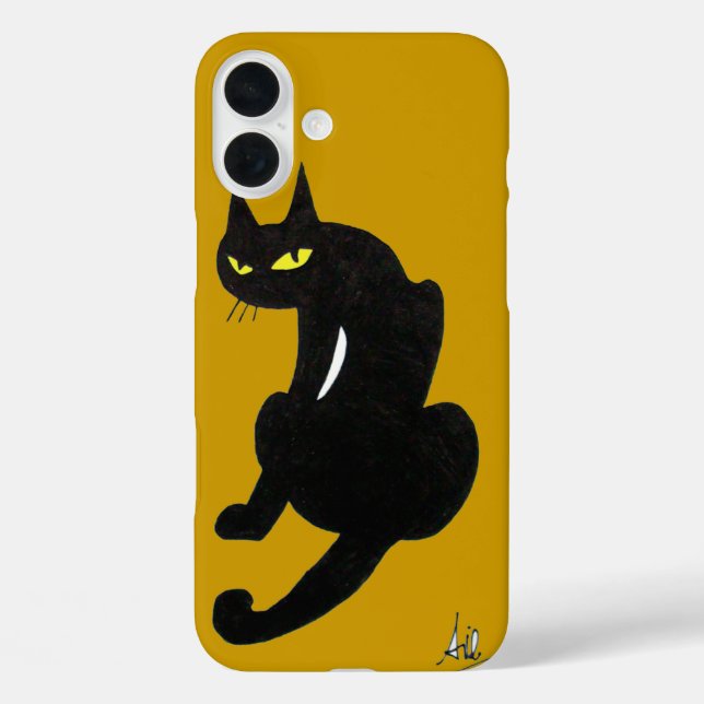Funda iPhone 16 Plus GATO NEGRO NINJA Amarillo (Reverso )