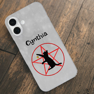 Funda iPhone 16 Plus Gato negro sentado Estrella dorada en Pentagrama r