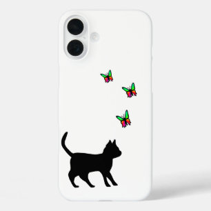 Funda iPhone 16 Plus Gato negro y mariposa