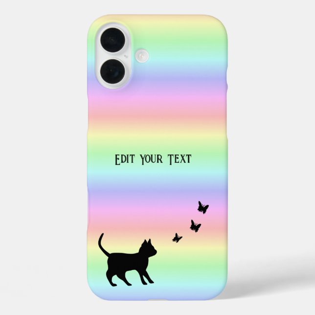 Funda iPhone 16 Plus Gato negro y mariposa en el arcoiris (Reverso )