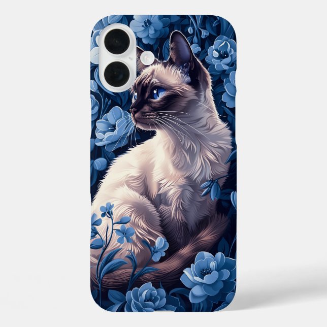 Funda iPhone 16 Plus Gato siamés en flores azules (Reverso )