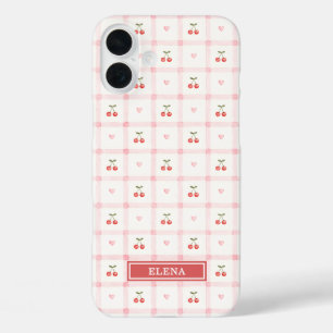Funda iPhone 16 Plus Gingham Rojo con Cerezas y Lazos Monogramado