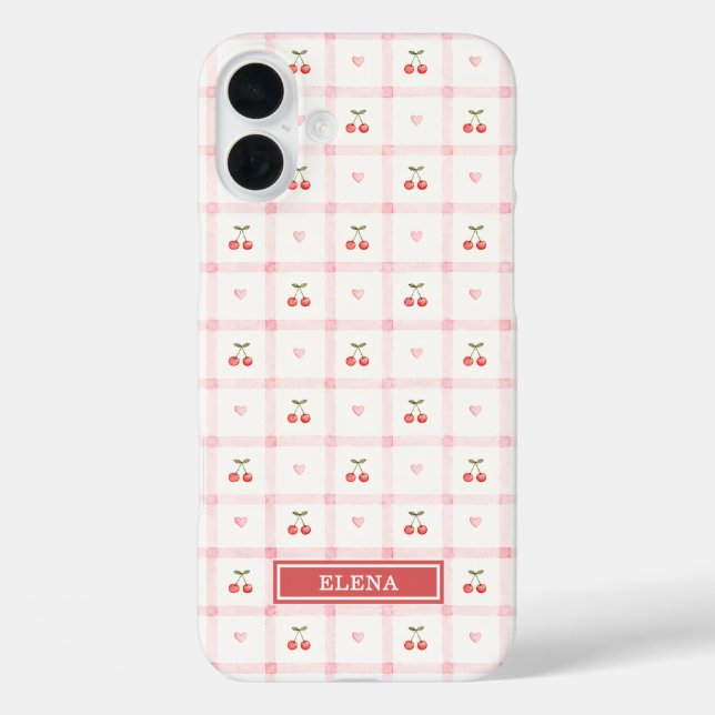 Funda iPhone 16 Plus Gingham Rojo con Cerezas y Lazos Monogramado (Reverso )