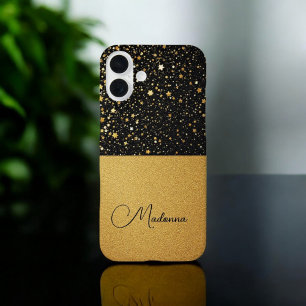 Funda iPhone 16 Plus Glam radiante (Purpurina - oro - cuero)