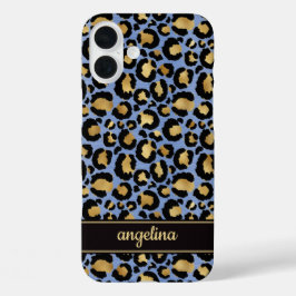 Funda iPhone 16 Plus Gold Foil On Blue Leopard Print Monogrammed