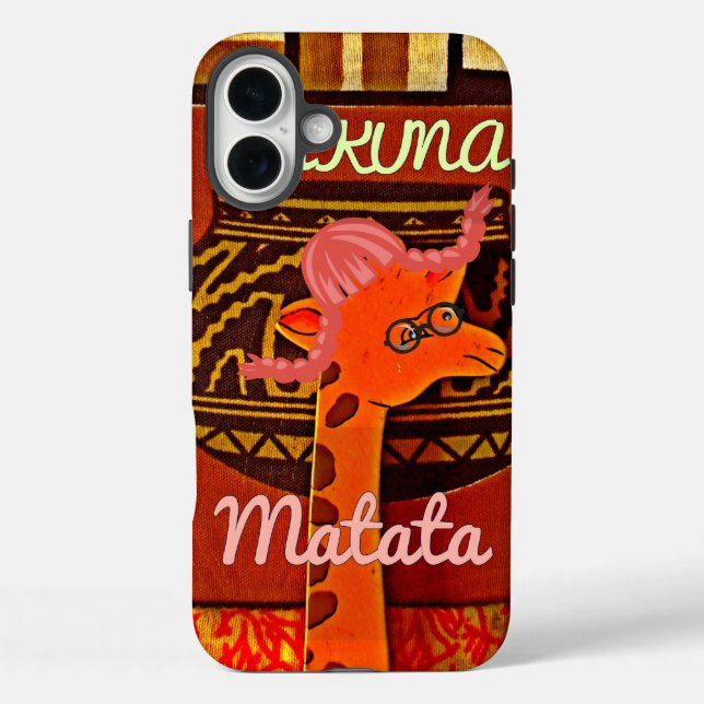 Funda iPhone 16 Plus Graciosa jirafa con texto fresco Hakuna Matata (Reverso )