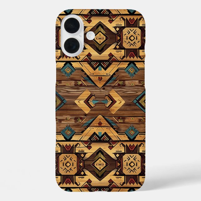 Funda iPhone 16 Plus Grano de madera Azteca falso (Reverso )