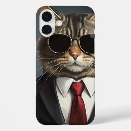 Funda iPhone 16 Plus Guay Cat Businessman Gafas de sol Línea Corporativ