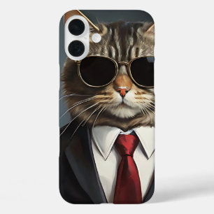 Funda iPhone 16 Plus Guay Cat Businessman Gafas de sol Línea Corporativ