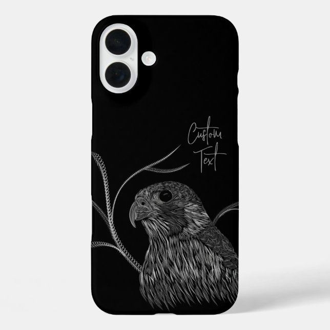 Funda iPhone 16 Plus Halcón peregrino en ramas de árbol con escritura a (Reverso )