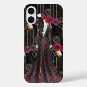 FUNDA iPhone 16 PLUS HALLOWEEN FLORES DE PURPLE ROJO GÓTICO Y NEGRO Y M