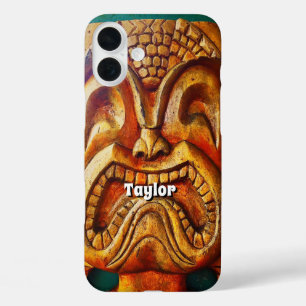 Funda iPhone 16 Plus Hawaii Tiki Retro Wood Face Foto Monogramo Nombre
