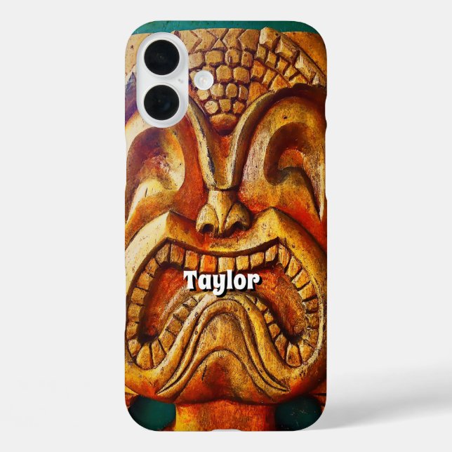 Funda iPhone 16 Plus Hawaii Tiki Retro Wood Face Foto Monogramo Nombre (Reverso )