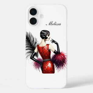 Funda iPhone 16 Plus Hermosa dama Art Deco agregue su nombre 