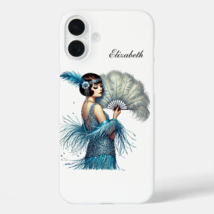 Funda iPhone 16 Plus Hermosa dama Art Deco agregue su nombre 