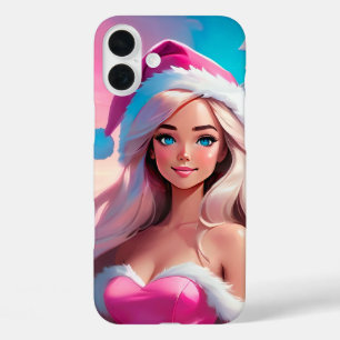 Funda iPhone 16 Plus Hermosa niña de Navidad rosa 01