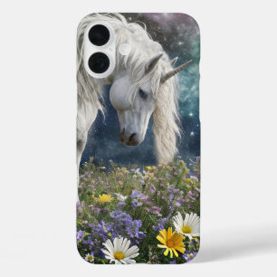 Funda iPhone 16 Plus Hermosa unicornio en teléfono de flores silvestres