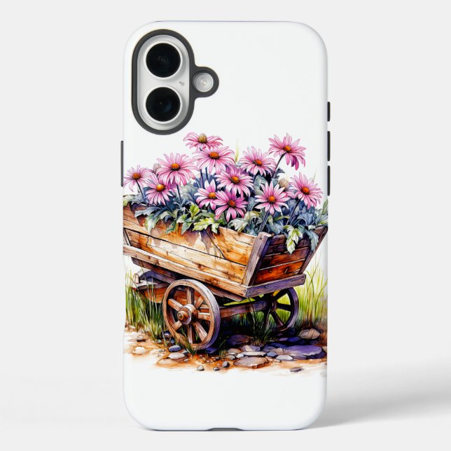 Funda iPhone 16 Plus Hermosas flores de aster en un barril de rueda (Reverso )
