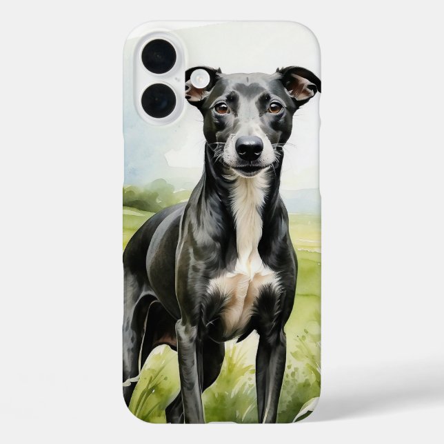 FUNDA iPhone 16 PLUS HERMOSO PERRO GREYHOUND NEGRO Y BLANCO (Reverso )