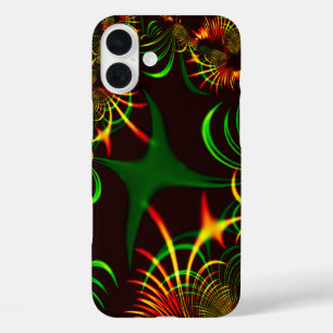 Funda iPhone 16 Plus Hojas verdes y curvas amarillas de color fuego