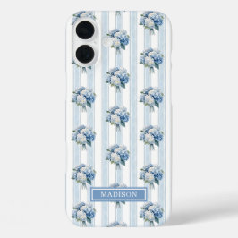 Funda iPhone 16 Plus Hortensias Azules a Rayas