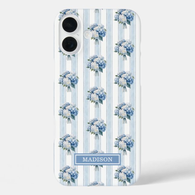 Funda iPhone 16 Plus Hortensias Azules a Rayas (Reverso )