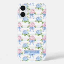 Funda iPhone 16 Plus Hortensias Azules y Rosas Rayadas