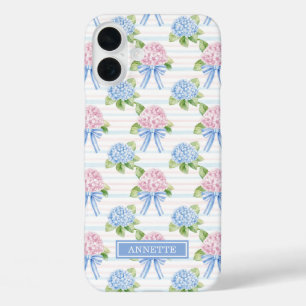 Funda iPhone 16 Plus Hortensias Azules y Rosas Rayadas