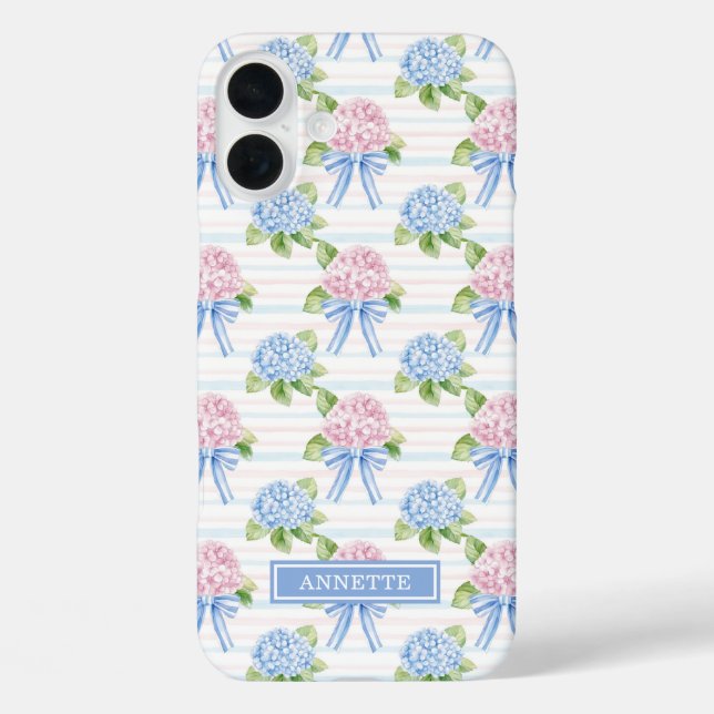 Funda iPhone 16 Plus Hortensias Azules y Rosas Rayadas (Reverso )