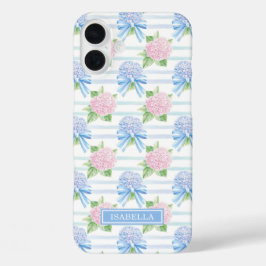 Funda iPhone 16 Plus Hortensias Rayadas Rosas y Azules