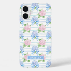 Funda iPhone 16 Plus Hortensias Rayadas Rosas y Azules