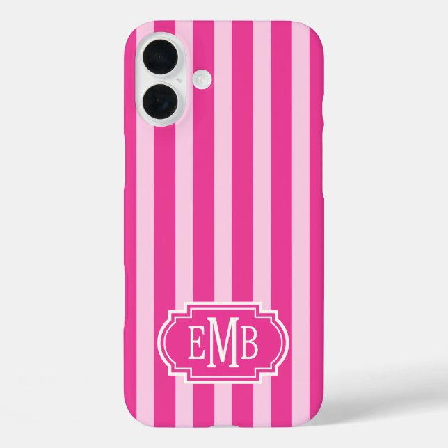 Funda iPhone 16 Plus Hot Pink and Pink Monogrammed Stripes (Reverso )