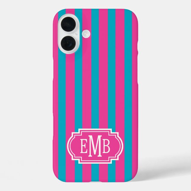 Funda iPhone 16 Plus Hot Pink and Turquoise Monogrammed Stripes (Reverso )