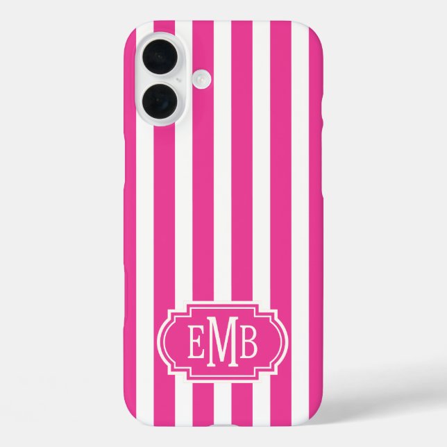 Funda iPhone 16 Plus Hot Pink and White Monogrammed Stripes (Reverso )