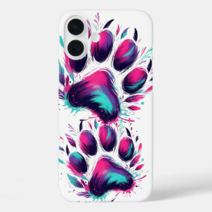 Funda iPhone 16 Plus Huellas de patas de perro TURQUESA Y ROSA FUCSIA