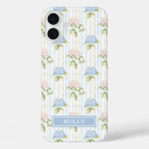 Funda iPhone 16 Plus Hydrangea Azul Acuarela Rayada Personalizada 