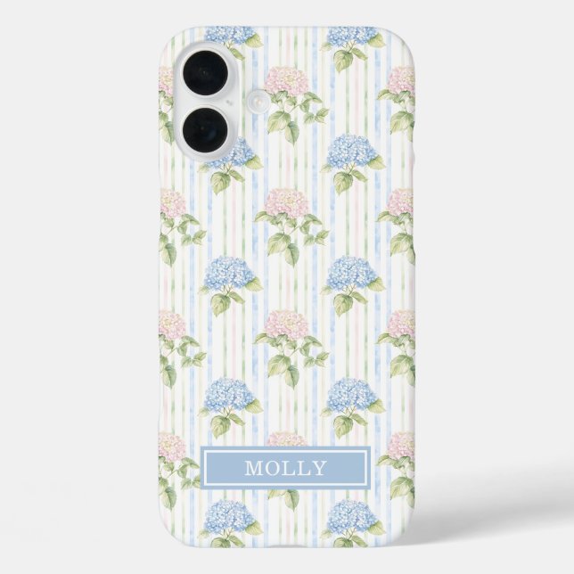 Funda iPhone 16 Plus Hydrangea Azul Acuarela Rayada Personalizada  (Reverso )