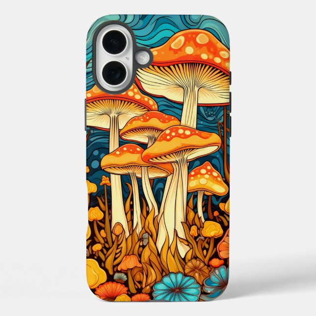 Funda iPhone 16 Plus Ilustracion Forestal Artístico Retro Mushroom (Reverso )