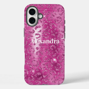Funda iPhone 16 Plus Impresión de leopardo rosa de brillo blanco