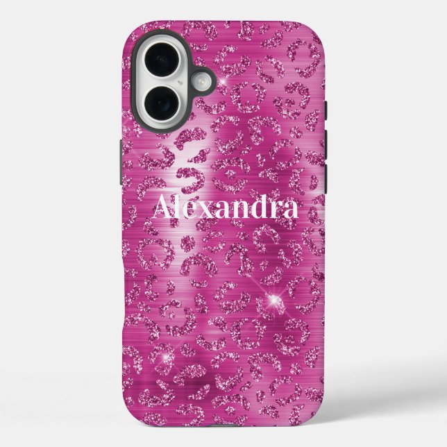 Funda iPhone 16 Plus Impresión de leopardo rosa de brillo blanco (Reverso )