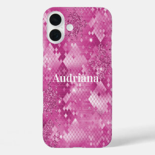 Funda iPhone 16 Plus Impresión de leopardo rosa de brillo blanco