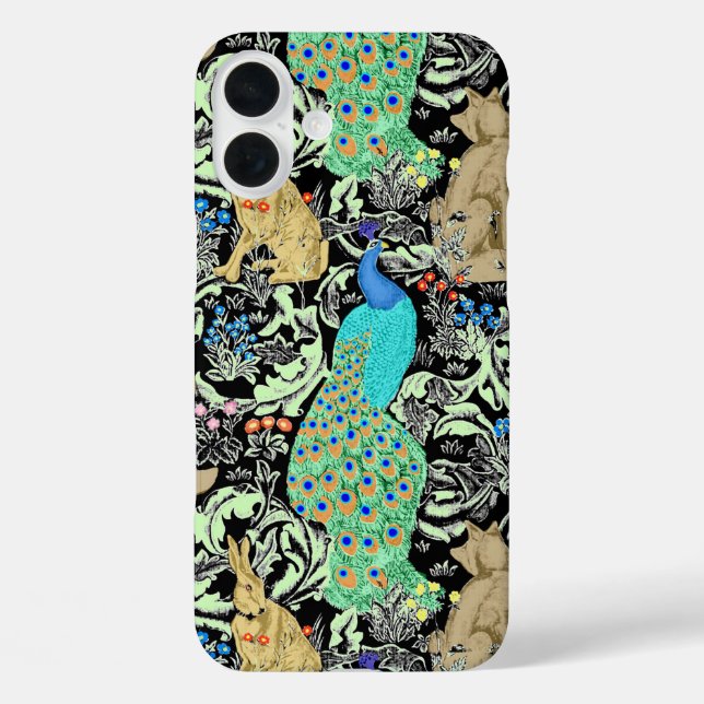 Funda iPhone 16 Plus Impresión de pavo real de estilo Art Nouveau, turq (Reverso )